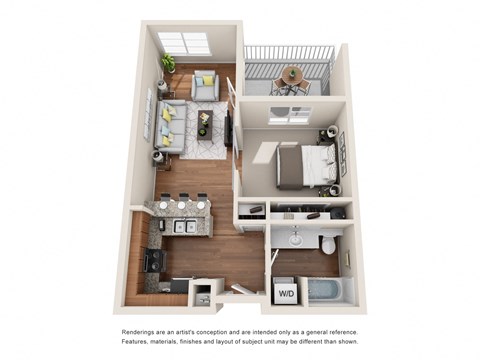 Floor plan for 1 bed, 1 bath, 643 sqft